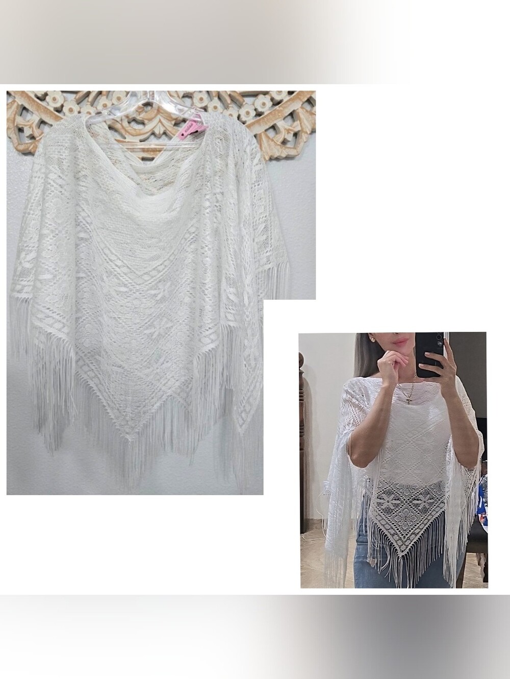 Miss 16 White Knit Fringe Poncho
